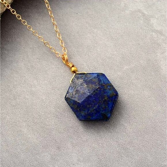 NWT Lapis Lazuli Hexagon Pendant Necklace 14K Gold Plated Genuine 18” - Picture 7 of 11